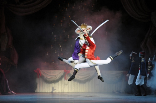 Matthew Rusk as the Mouse King and Tyler Rhoads as the Nutcracker in Indiana University Ballet Theater's 'The Nutcracker'.