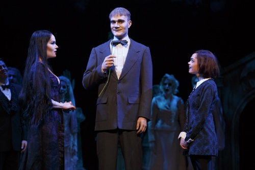 KeLeen Snowgren (Morticia), Dan Olson (Lurch) and Jennifer Fogarty (Wednesday) in the 2013-2014 National Tour of The Addams Family.