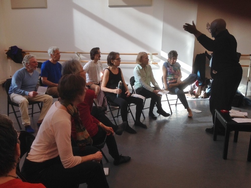 Brooklyn vocal rehearsal at Mark Morris Dance Center, with Philip Hamilton (Sing for PD) leading the group.