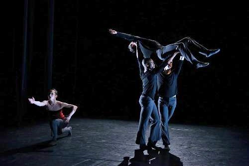 BalletX dancers Gary W. Jeter II, Chloe Felisina (in red top), Richard Villaverde, Zachary Kapeluck, Daniel Moyo in Yin Yue's 'One Heartbeat Above One Shadow Below.'