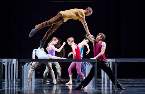 Hubbard Street Dancers Jesse Bechard, above, and Kevin J. Shannon in William Forsythe’s One Flat Thing, reproduced, with, upstage from left, Florian Lochner, Alice Klock, David Schultz, Emilie Leriche, and Ana Lopez.