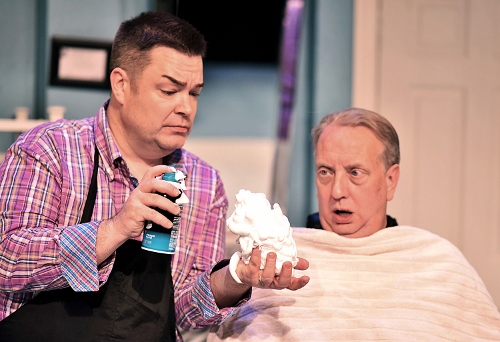 Nick O’Brien (Jeff Stockberger), right, watches as Tony Whitcomb (Daniel Klingler) fills his hand with shaving cream as he prepares to give Nick a shave in Beef & Boards Dinner Theatre’s 2017 Season opener, Shear Madness. Now on stage through Jan. 29, this madcap murder mystery takes place in a not-so-typical Indianapolis hair salon – and the audience decides how it ends!