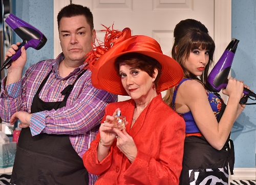 Suspected of murdering an old lady above the salon are (from left) Tony Whitcomb (Daniel Klingler), Mrs. Eleanor Shubert (Suzanne Stark) and Barbara DeMarco (Jenny Reber) in Beef & Boards Dinner Theatre’s 2017 Season opener, Shear Madness. Now on stage through Jan. 29, this madcap murder mystery takes place in a not-so-typical Indianapolis hair salon – and the audience decides how it ends!