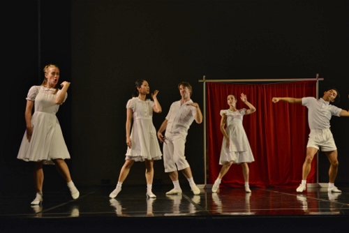 (L-R) GroundWorks' Lauren Garson, Stephanie Terasaki, Damien Highfield, Felise Bagley and Michael Marquez in Beth Corning's 'At Once There Was A House.'
