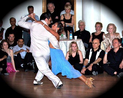 Carlos A. Paredes and Diana P. Giraldo perform for the All Night Milonga attendees at Stepping Out Studios